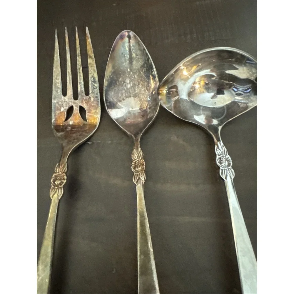 Ekco Inverness Silverplate Art Deco Mid Century Serving Spoon Fork Ladle-3 Pcs
